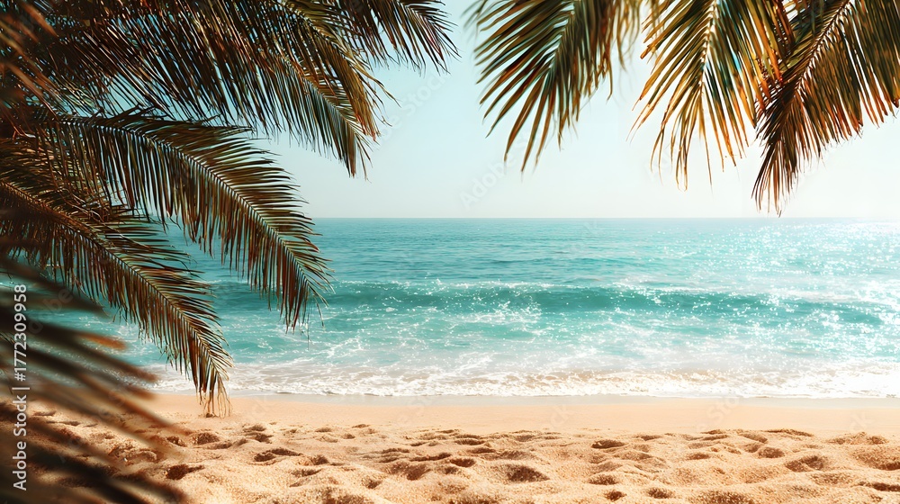 Fototapeta premium Lush palm fronds frame a view of ocean waves washing onto a sandy shore under bright daylight