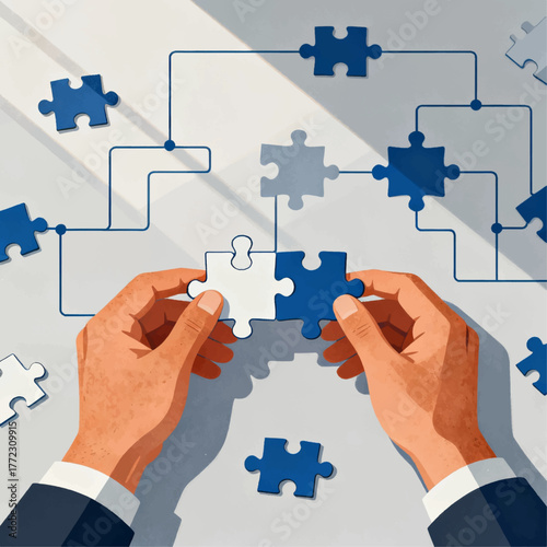 People Holding Jigsaw Puzzle Pieces, Business Solution and Strategy Concept, vector Illustration