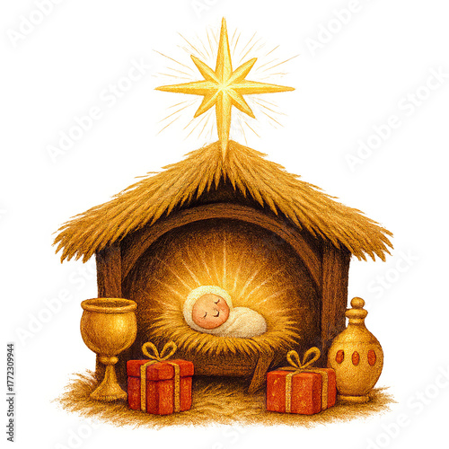 baby jesus in manger, christmas scene clip art preview