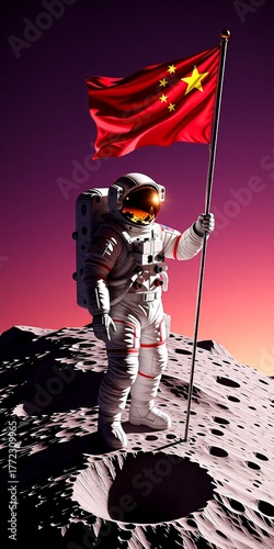 An astronaut stands on the moon, holding a waving Chinese flag against a surreal purple sky, with cratered lunar terrain stretching beneath them.