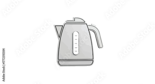 A stylized silver kettle with a water level indicator on a plain white background in a simple design