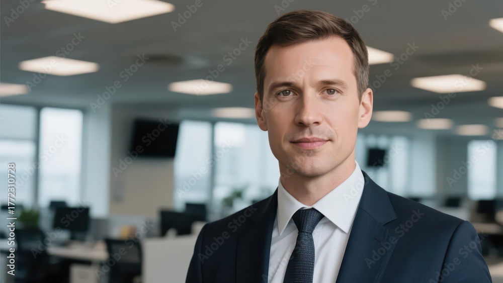 Fototapeta premium An entrepreneur in formal attire presents a professional image in front of the office environment background, demonstrating the decision-making power and leadership in the business field.