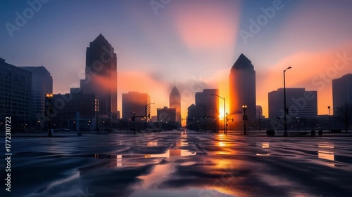 Sunrise over a reflective cityscape with a golden glow illuminating tall buildings