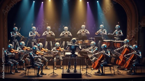 Symphony of steel robotic orchestra performs classical concert under bright stage spotlights