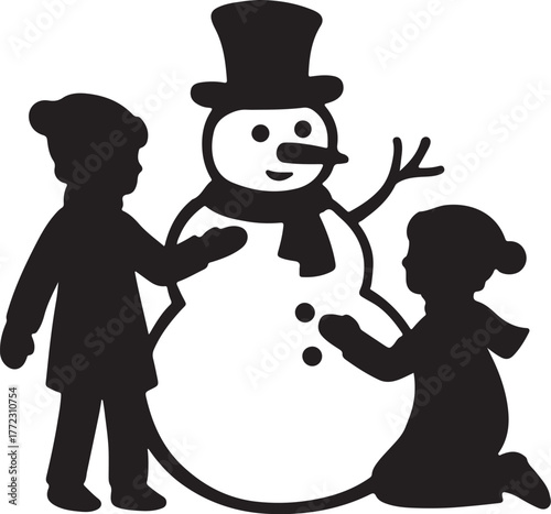 girl with snowman in the snow cartoon illustration