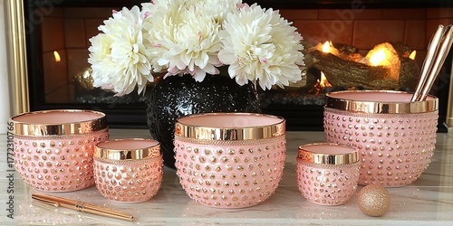 Warm Glow & White Blooms: Display of candles in decorative pink jars next to a bouquet of fluffy white flowers