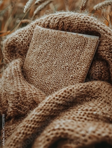 Cozy Knits: Close-up of a warm, textured knitted fabric in a soft beige or light brown color
