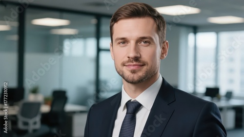 An entrepreneur in formal attire presents a professional image in front of the office environment background, demonstrating the decision-making power and leadership in the business field.