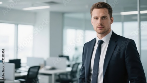 An entrepreneur in formal attire presents a professional image in front of the office environment background, demonstrating the decision-making power and leadership in the business field.