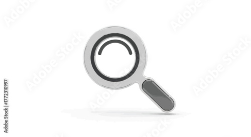 A simple gray and white magnifying glass with a dark gray lens on a white background in a studio shot