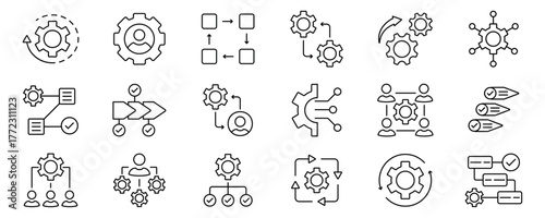 Workflow line icon set. Included planning, scheme, process, flowchart, progress, management, diagram, analysis, automation and more. Editable stroke. Vector illustration.