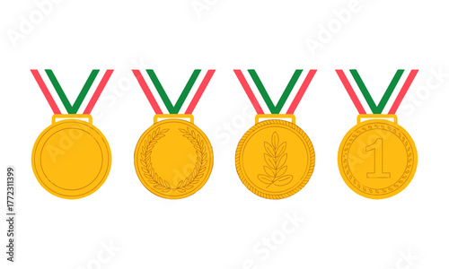 First Place Awards – Flat Gold Medal Vector Set illustration on White Background, easily editable.