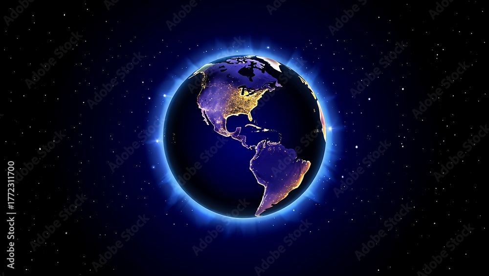 Fototapeta premium Earth at night glowing with city lights in deep space planet stars