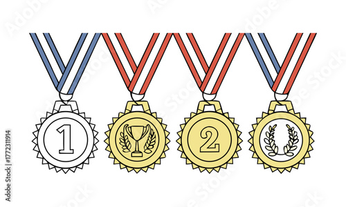 Gold Medal Vector Collection – Flat Design Awards on White Background, easily editable.