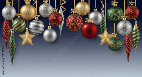 Festive Christmas Ornaments and Stars Hanging for Holiday Decoration and Celebration
