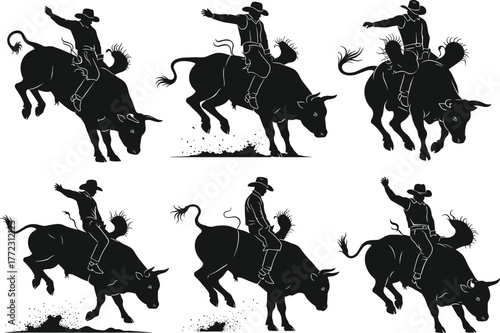 Dynamic black vector silhouettes of cowboys riding bucking bulls in a rodeo, extreme Western sport, adrenaline action, wild animal, graphic collection.