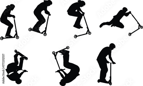 Dynamic black silhouettes of pro scooter riders performing extreme freestyle tricks, including flips and stunts, action sports graphic, youth street culture.