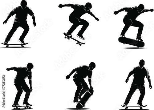 Black vector silhouettes of skateboarders performing various street tricks, including cruising and grinding, urban action sports, monochrome graphic collection, youth activity.