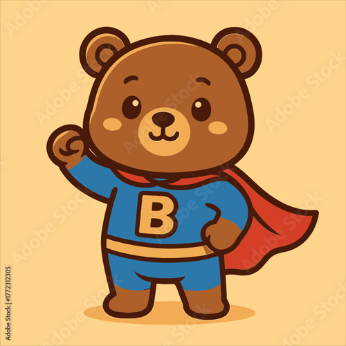 Cartoon Brown Bear Superhero with a Red Cape and Blue Suit.