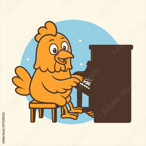 Cartoon Chicken Playing Piano with Focused Expression and Retro Style.
