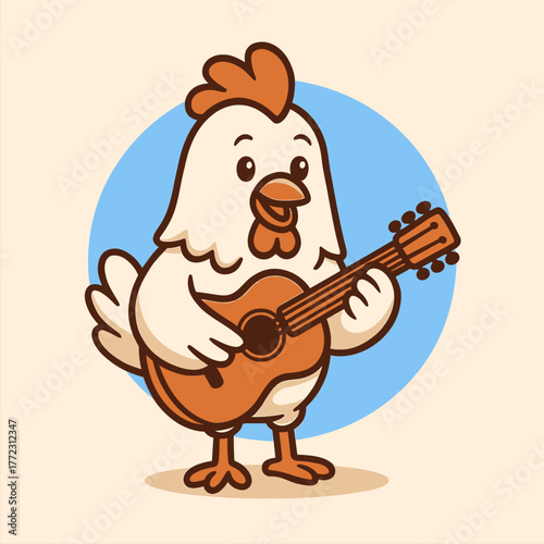Cartoon Chicken Serenading with a Brown Ukulele Against a Blue Circle.
