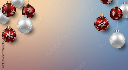Festive Christmas Ornaments Hanging Gracefully Against a Gradient Background, Ideal for Holiday Greetings and Celebrations