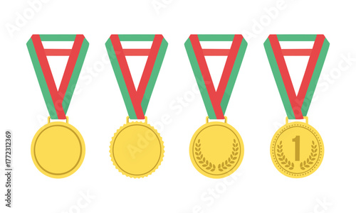  Minimal Flat Gold Medals – Sport Award Collection Vector illustration on White Background, easily editable..