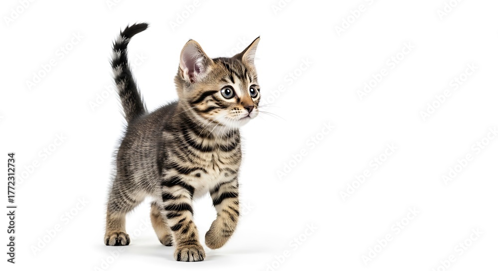 Obraz premium Adorable Tabby kitten walking forward with tail raised and striking blue eyes, isolated on a bright white background