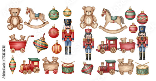 A charming watercolor collection of classic Christmas toys, including teddy bears, nutcrackers, rocking horses, and festive ornaments.