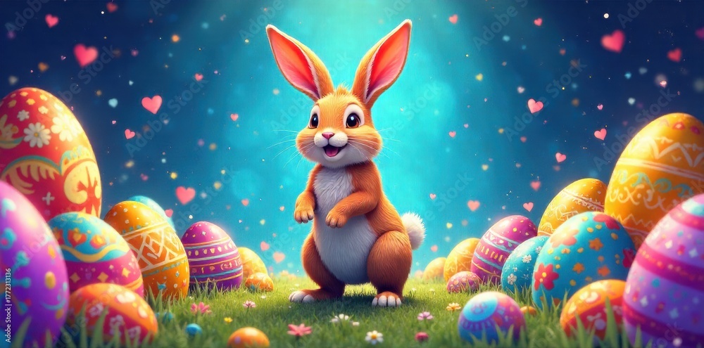 Obraz premium Easter Egg Fiesta Spin A energetic Easter bunny s vibrant disco dance with colorful, scattered eggs. A gray Easter bunny is depicted in a dynamic spinning pose, surrounded by a chaotic explosion of