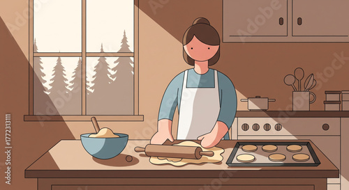 A woman in an apron bakes cookies in a sunlit kitchen.