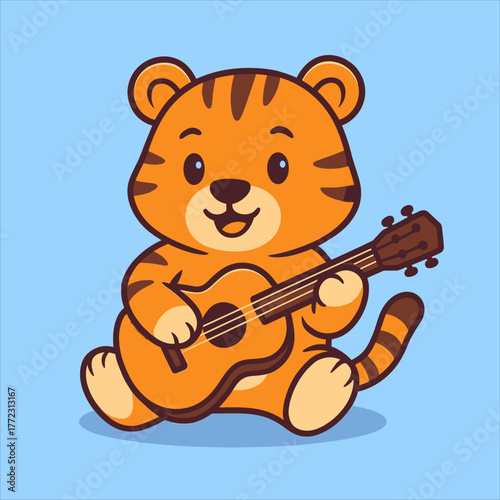 Cartoon Tiger Cub Serenading with a Miniature Brown Ukulele.