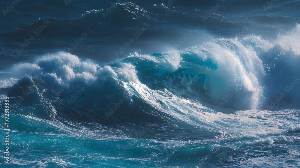 Fototapeta premium Powerful ocean swells crash into large, churning waves under a dark sky