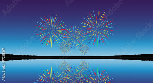 Colorful fireworks explode over a tranquil lake, reflecting in the water.
