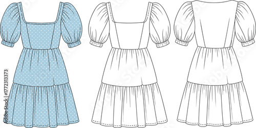 Fashion dress illustration, short puff sleeve tiered skirt design, front back side views, blue polka dot garment, modern vector artwork