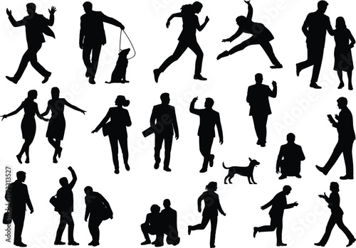 Silhouette people and animals, twenty human figures with pets in action, walking running standing lifestyle concept, modern vector artwork, creative illustration