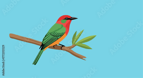 Illustration of a colorful bird with red head and green wings perched on a branch with green leaves