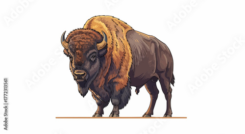 Illustration of a large bison standing on a light brown surface against a white background plain