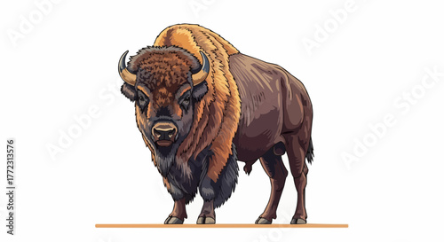 Illustration of a large brown bison standing on a light brown line against a white background