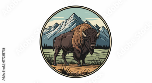 Illustration of a bison standing in a field with mountains in the background inside a circle border