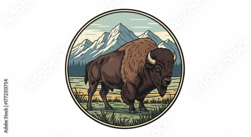 Illustration of a bison standing in a field with mountains in the background inside a circle frame