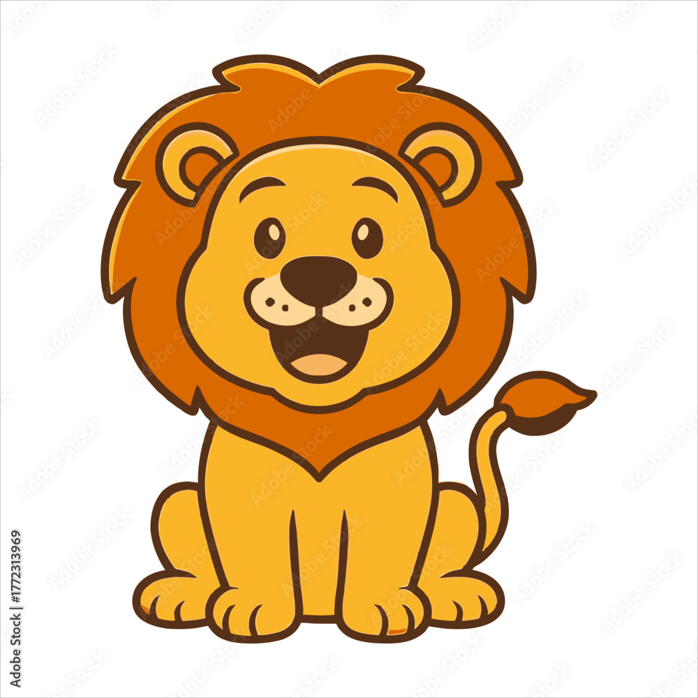 Obraz premium Cheerful Cartoon Lion with a Smiling Face and Detailed Mane.