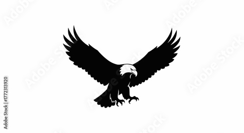 Black and white graphic illustration of an eagle with its wings spread wide and talons extended down