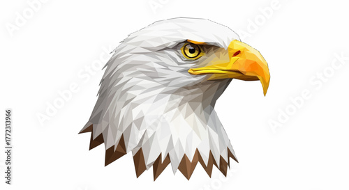 Polygonal illustration of an american bald eagle head with white feathers and a yellow beak profile
