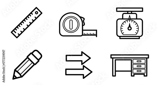 Simple black and white icons depicting measurement and office tools