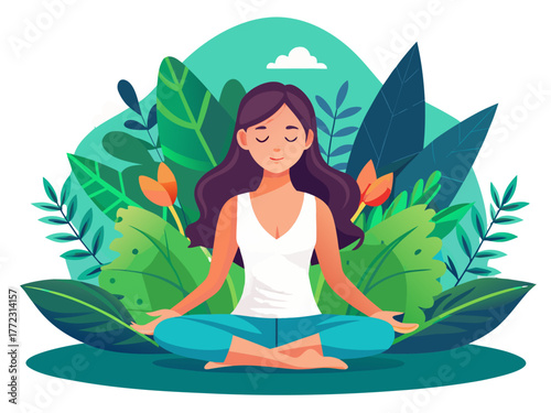 Vector illustration of a woman meditating outdoors surrounded by green tropical leaves. Peaceful yoga, mindfulness, relaxation, and healthy lifestyle concept
