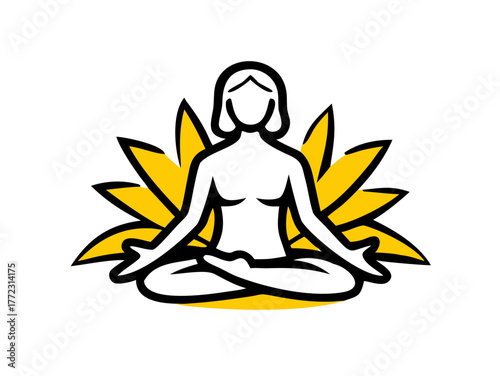 Vector illustration of a woman meditating outdoors surrounded by green tropical leaves. Peaceful yoga, mindfulness, relaxation, and healthy lifestyle concept