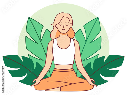 Vector illustration of a woman meditating outdoors surrounded by green tropical leaves. Peaceful yoga, mindfulness, relaxation, and healthy lifestyle concept