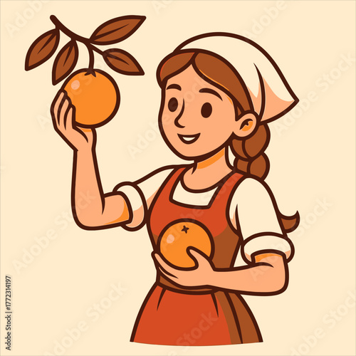 Cheerful Woman Holding Oranges Harvesting Fruit with Branch and Leaves.