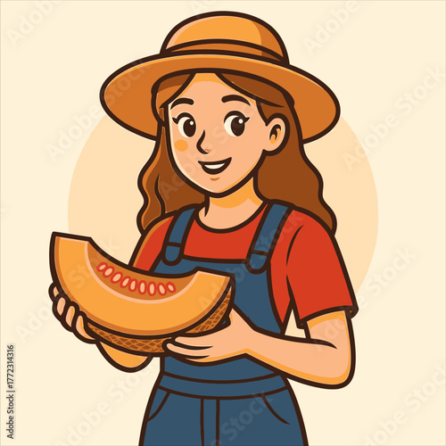 Smiling Cartoon Farmer Girl Holding a Slice of Cantaloupe Melon.